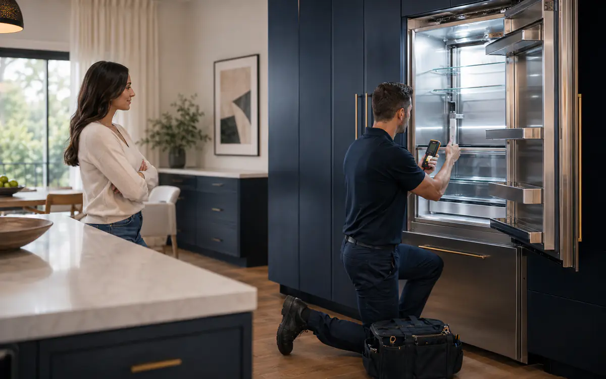Technician diagnosing a built-in refrigerator in a modern kitchen